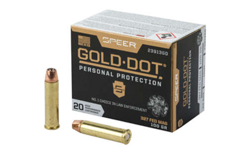 Ammunition Speer Ammunition Speer Gold Dot 327FederalMagnum SPR GOLD DOT 327FED 100GR HP 20/200 • Model: Speer Gold Dot